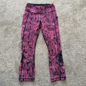 Lululemon Speed Up Crop Leggings Pink Black Abstract Mesh Pockets Size 4 21"